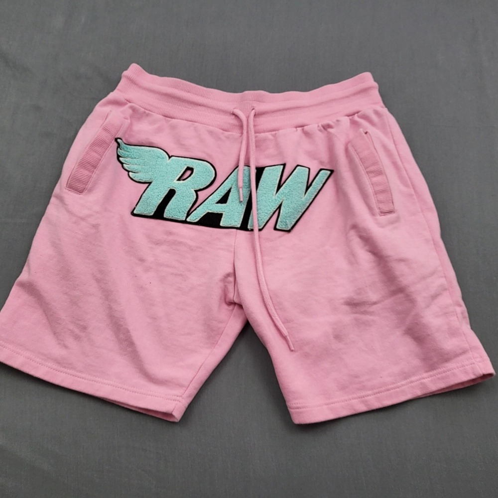 RAW Own‎ The Now Pink Sweat Shorts Womens Medium Chenille Graphic Wing Logo